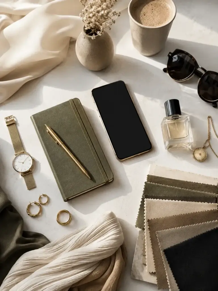 Smartphone, modeaccessoires, stoffen en lifestyle-items op een stijlvolle werktafel