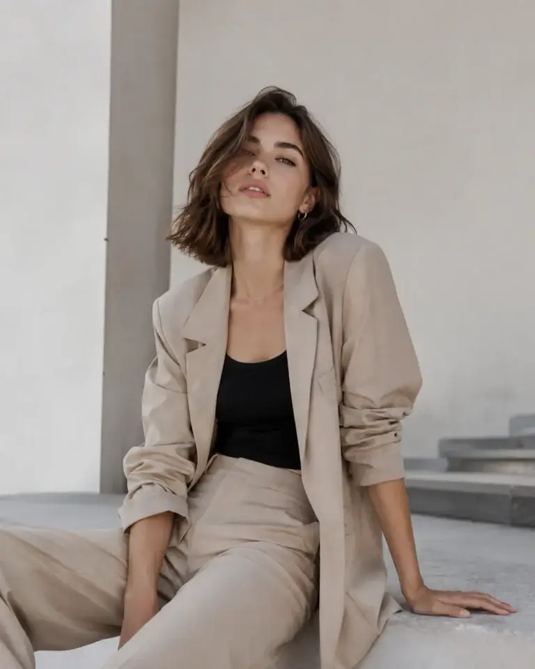 Vrouw in beige pak met zwarte top in moderne minimalistische setting