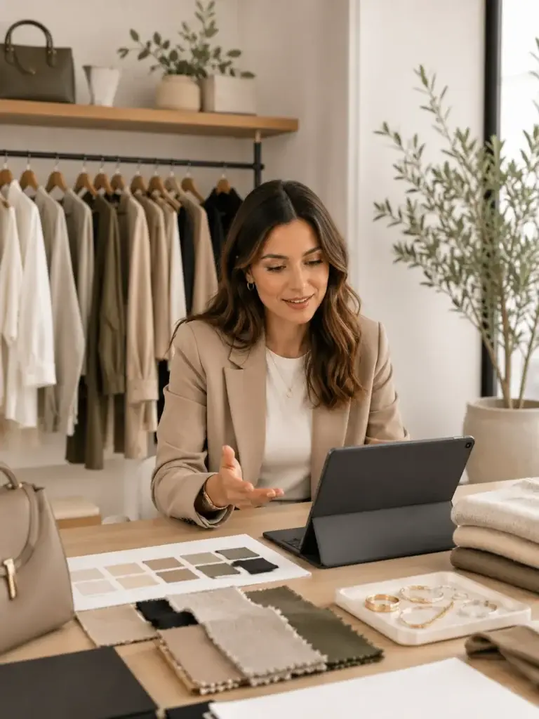 Vrouw in een stijlvolle fashionstudio met tablet, kledingrek, stoffen en accessoires voor modeadvies