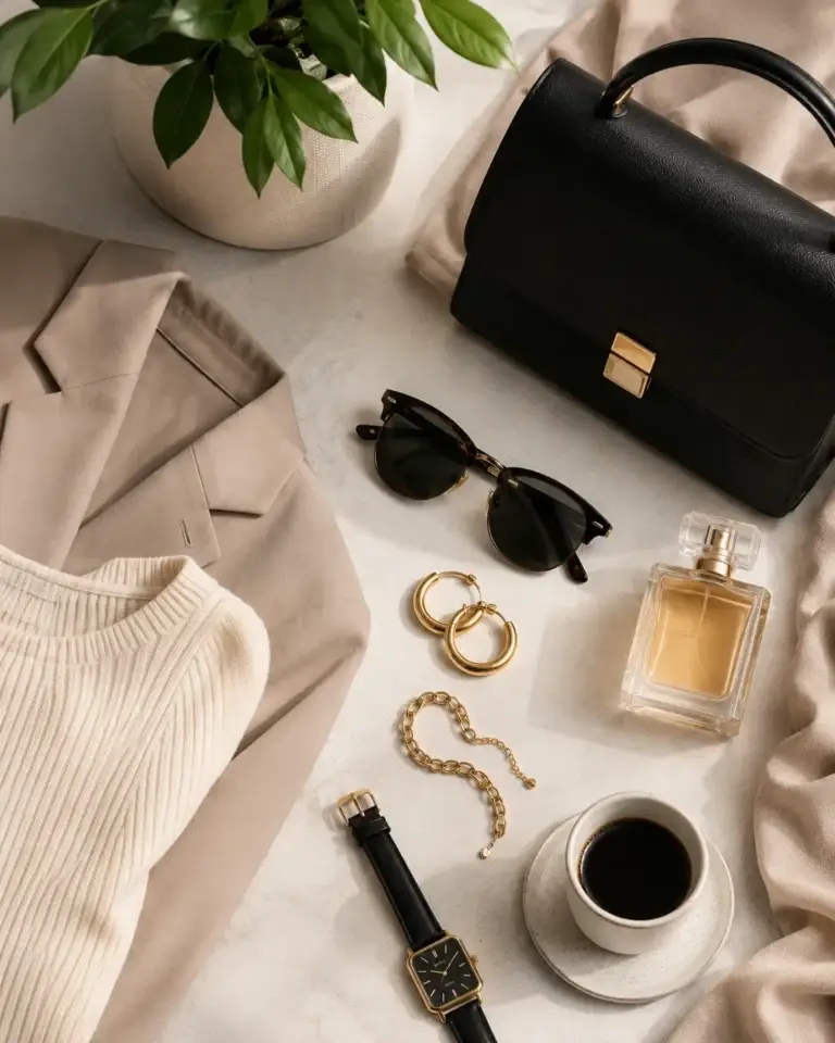 Flat lay met kleding, handtas, zonnebril, sieraden, parfum en koffie