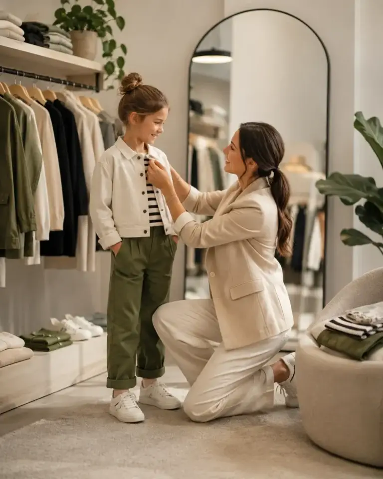 Moeder helpt kind met het passen van stijlvolle kleding in een kledingwinkel