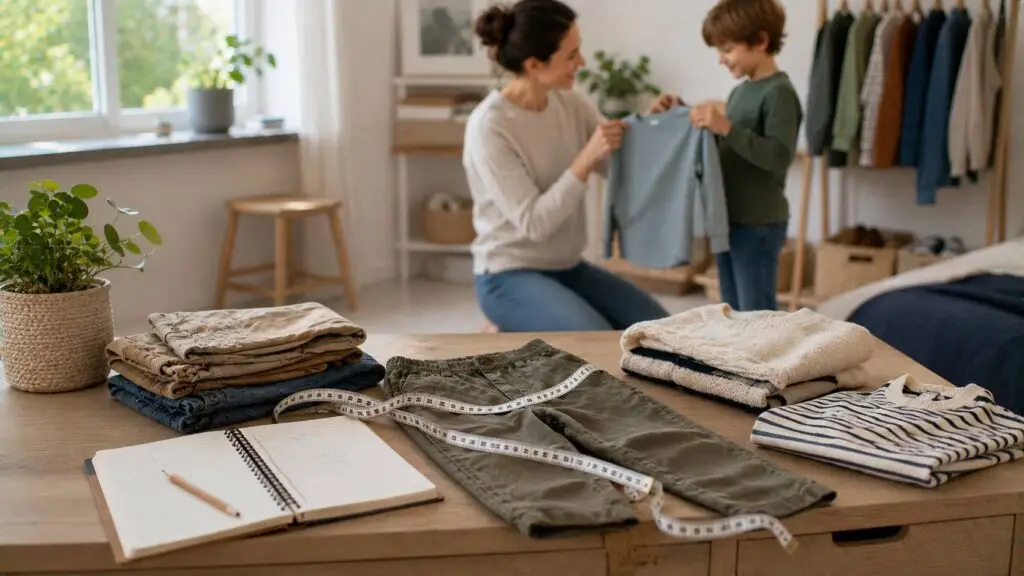 Maatgids kinderkleding met meetlint en kleding voor het bepalen van de juiste maat