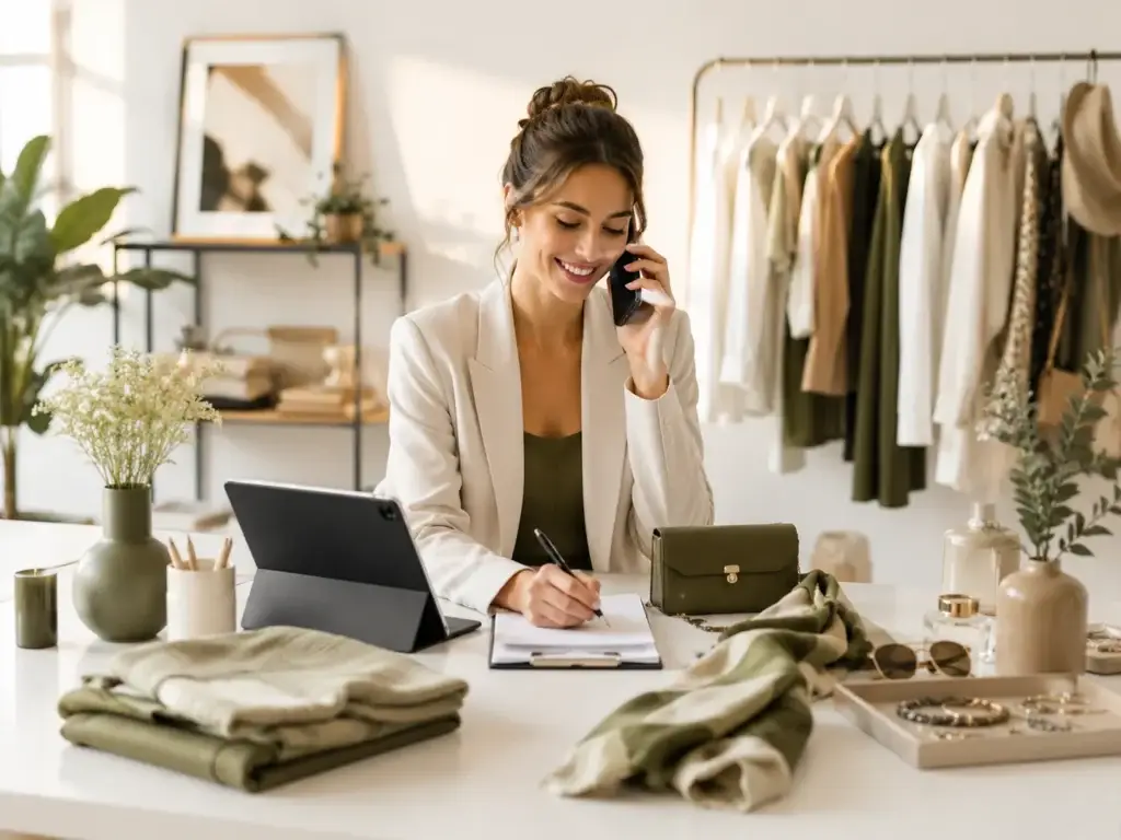 Modeprofessional voert een telefoongesprek in een moderne studio met kleding en accessoires