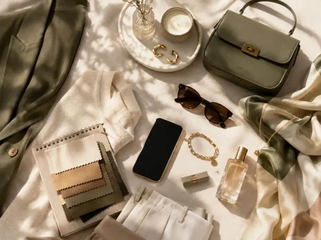 Stijlvolle flat lay met kleding, handtas, smartphone, sieraden en modeaccessoires
