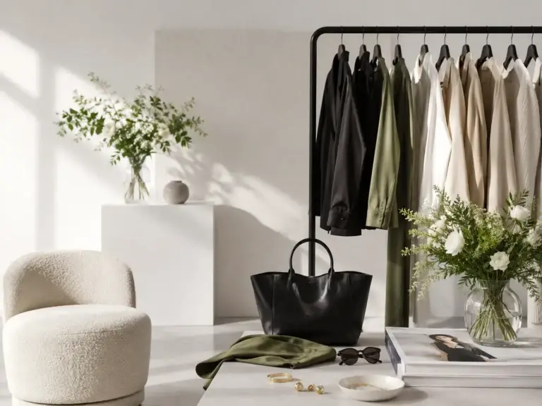 Stijlvolle kleding, accessoires en lifestyle-items in een moderne minimalistische setting