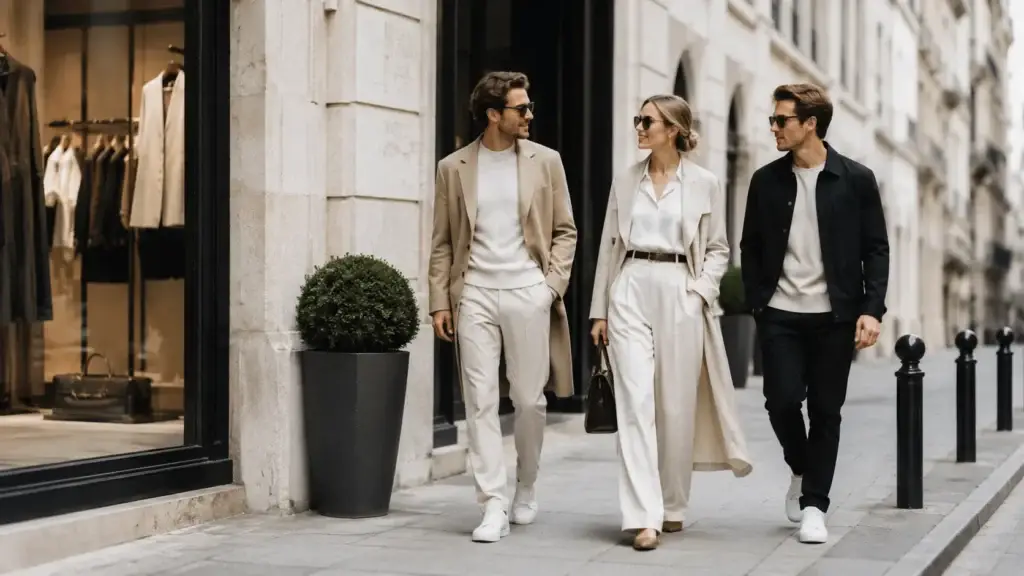 Stijlvolle mannen en vrouw wandelen langs modewinkels in moderne kleding
