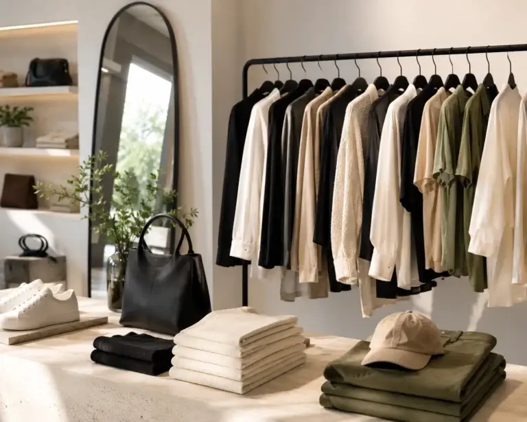 Minimalistische kledingwinkel met kledingrek, schoenen, tas en accessoires