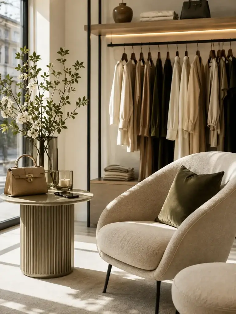 Stijlvolle modehoek met kledingrek, fauteuil, handtas en smartphone