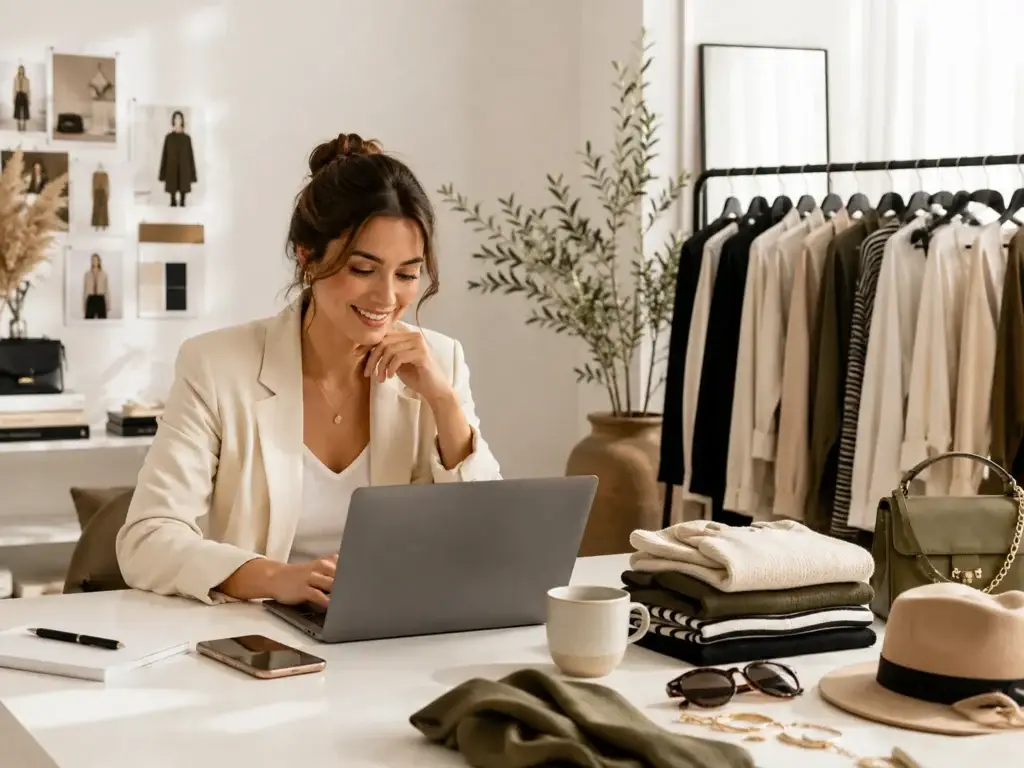 Vrouw registreert zich online bij Mode Plaza in een stijlvolle fashionstudio met kleding en accessoires รูปที่ 2