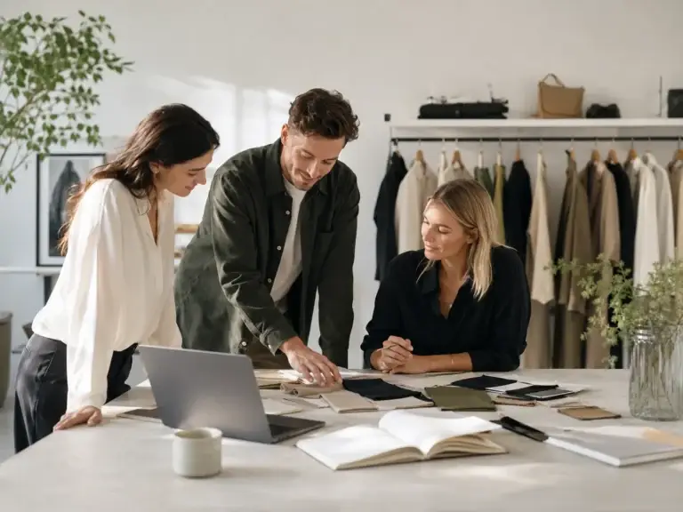 Professionals bespreken een samenwerking rond mode en lifestyle met kleding, stoffen en laptop in een moderne studio