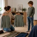 Tussen twee maten kinderkleding waarbij een ouder twee kledingmaten vergelijkt