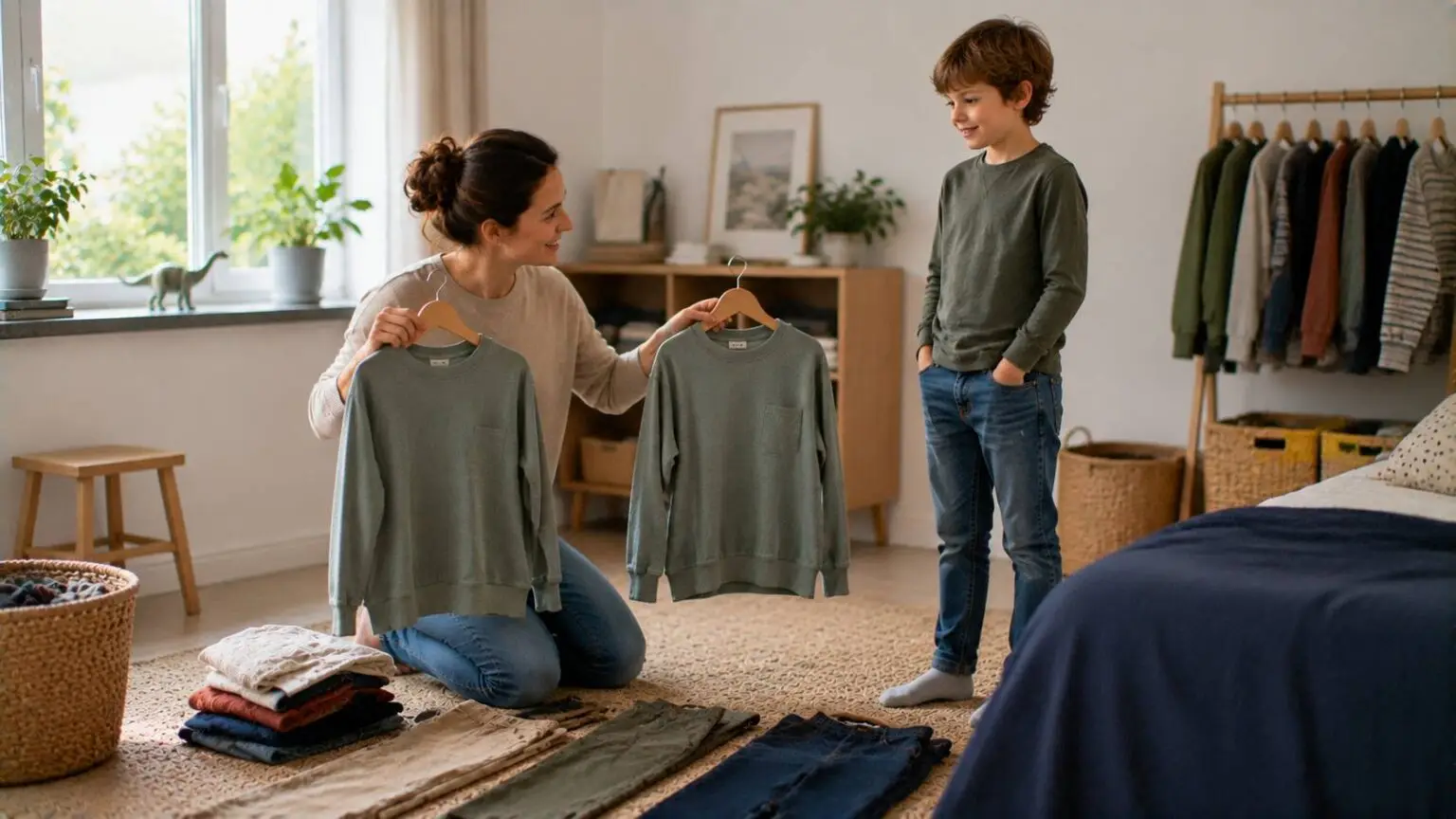 Tussen twee maten kinderkleding waarbij een ouder twee kledingmaten vergelijkt