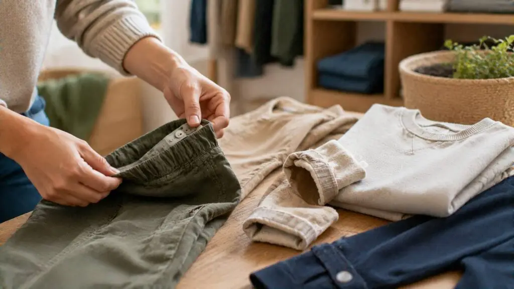 Tussen twee maten kinderkleding met verstelbare tailleband en oprolbare boorden