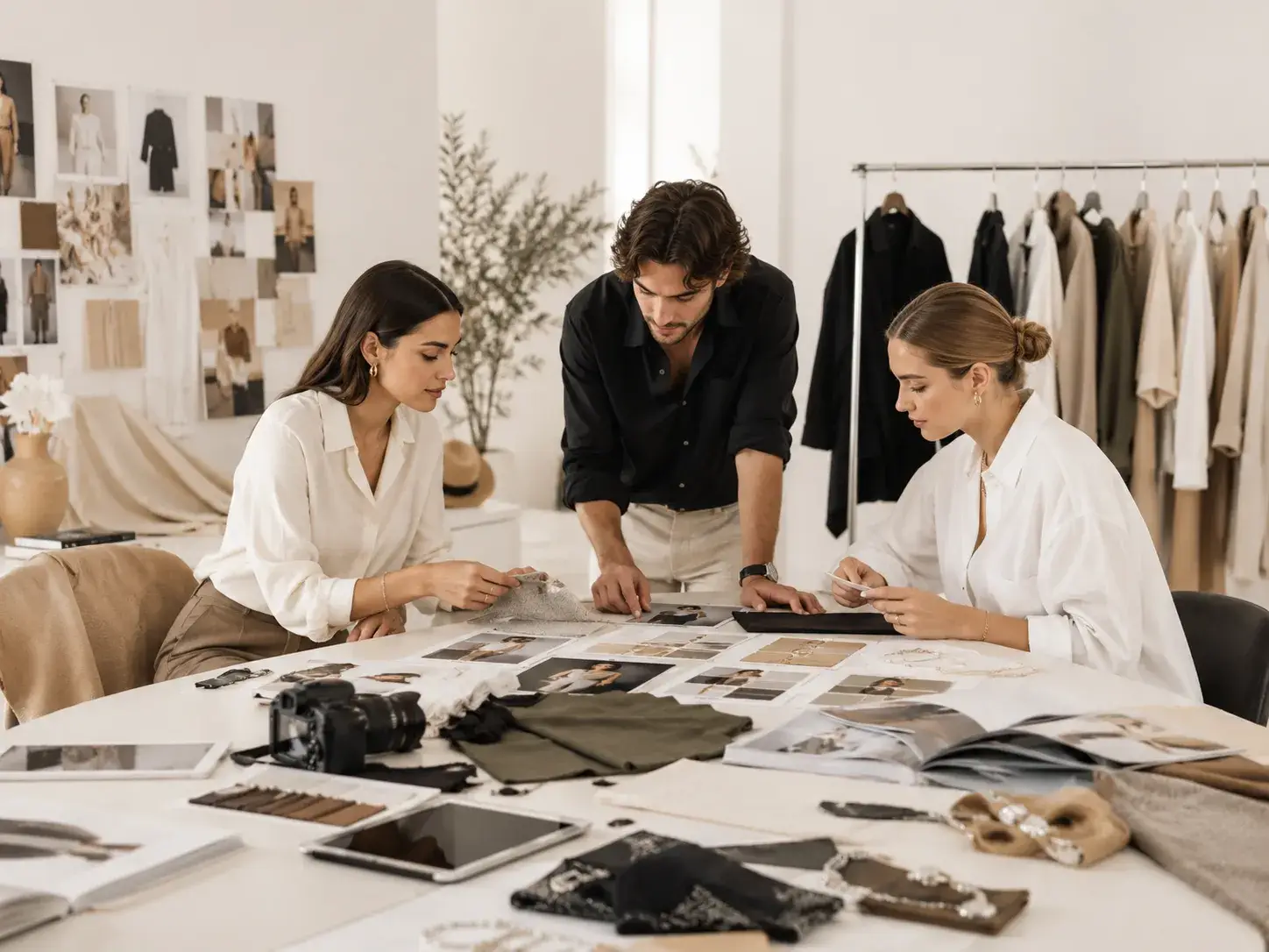 Creatief modeteam bespreekt kleding, stoffen en lifestyle-inspiratie in een moderne studio